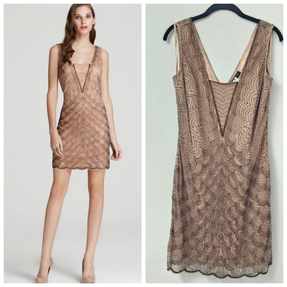 NEW Aidan Mattox Champagne Scallop Beaded Dress